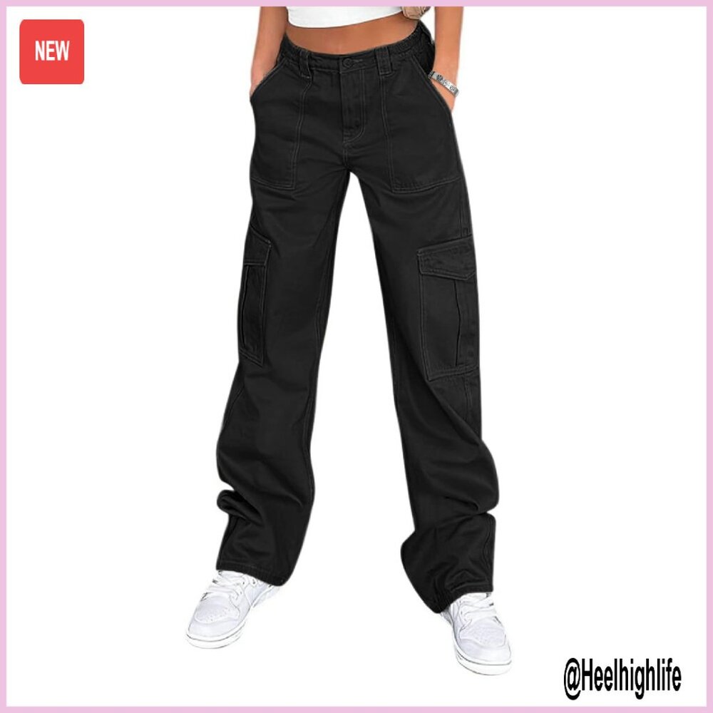 High Waisted Cargo Pants Baggy Stretchy Wide Leg with 6 Pockets